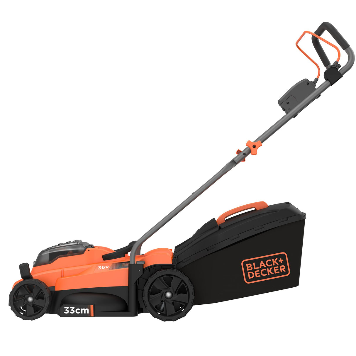 Tondeuse sans fil BLACK+DECKER 33cm 36V avec batterie 2,5Ah, coupe-herbe portable et légère pour jardin.