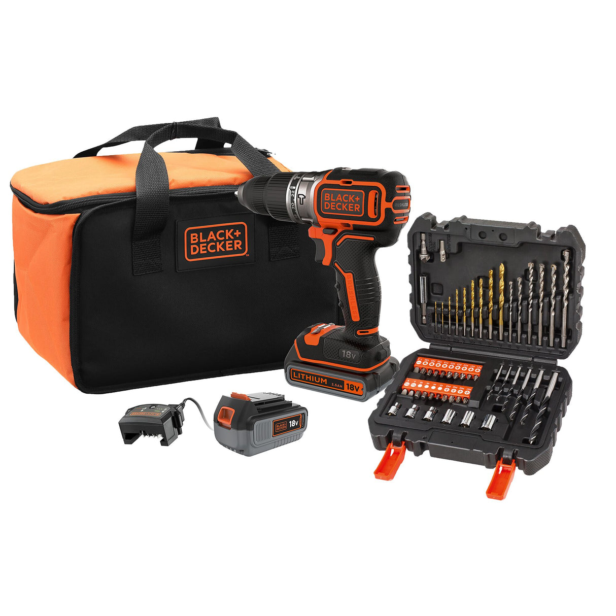 Perceuse sans fil Black+Decker noire et orange avec accessoires et mallette, outillage électrique.