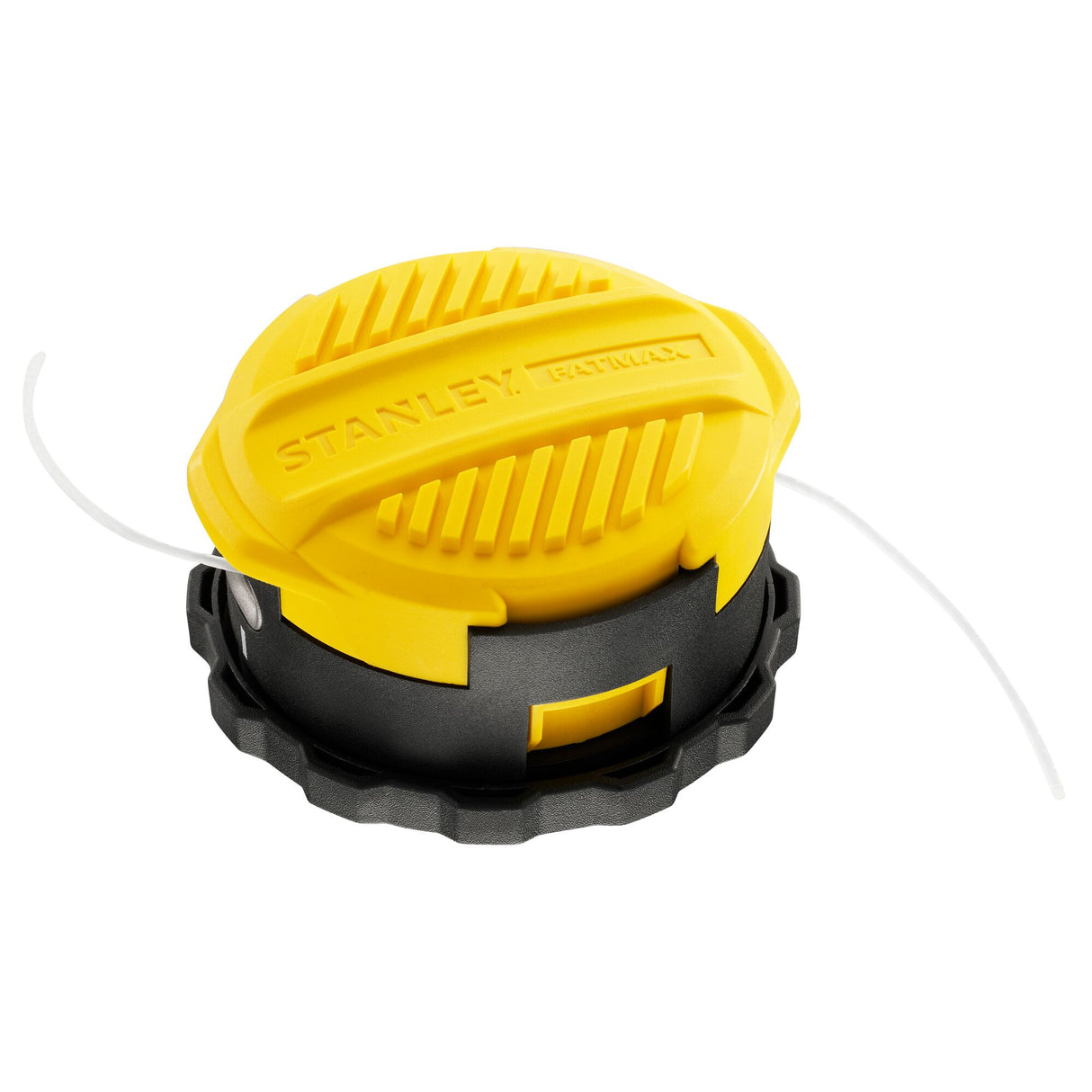 Tête de débroussailleuse Stanley jaune et noire, accessoire outillage jardin.