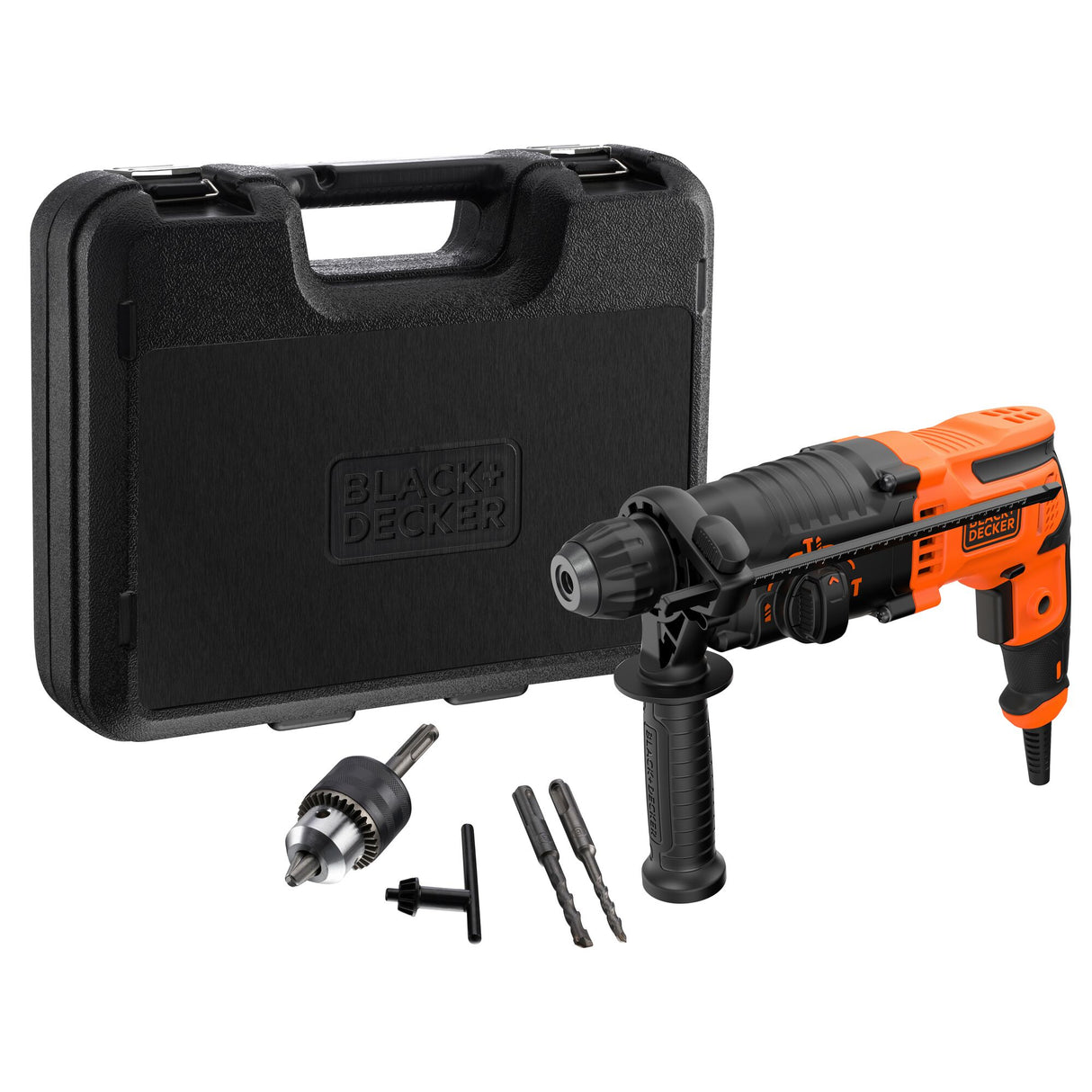 Perforateur burineur Black+Decker, outil électrique orange et noir avec boîte et accessoires.