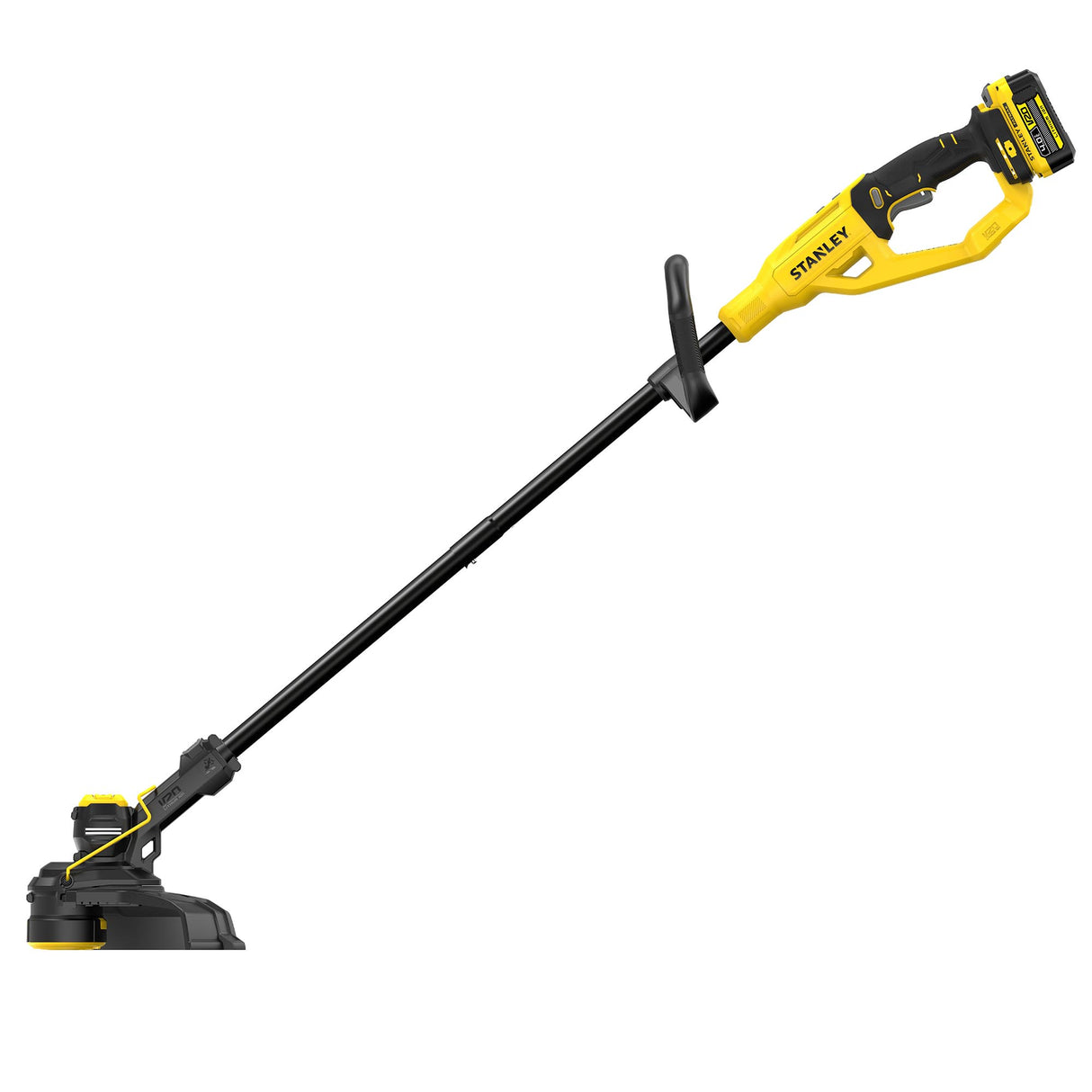 Coupe-bordures Stanley, outil électrique sans fil, couleur jaune et noir.