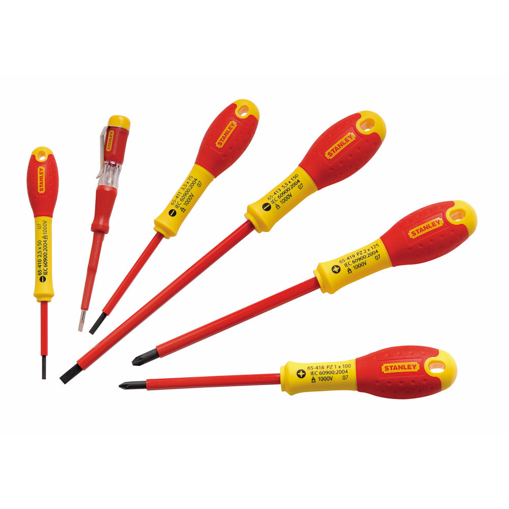 Jeu de tournevis isolés Stanley, outils à main, rouge et jaune.