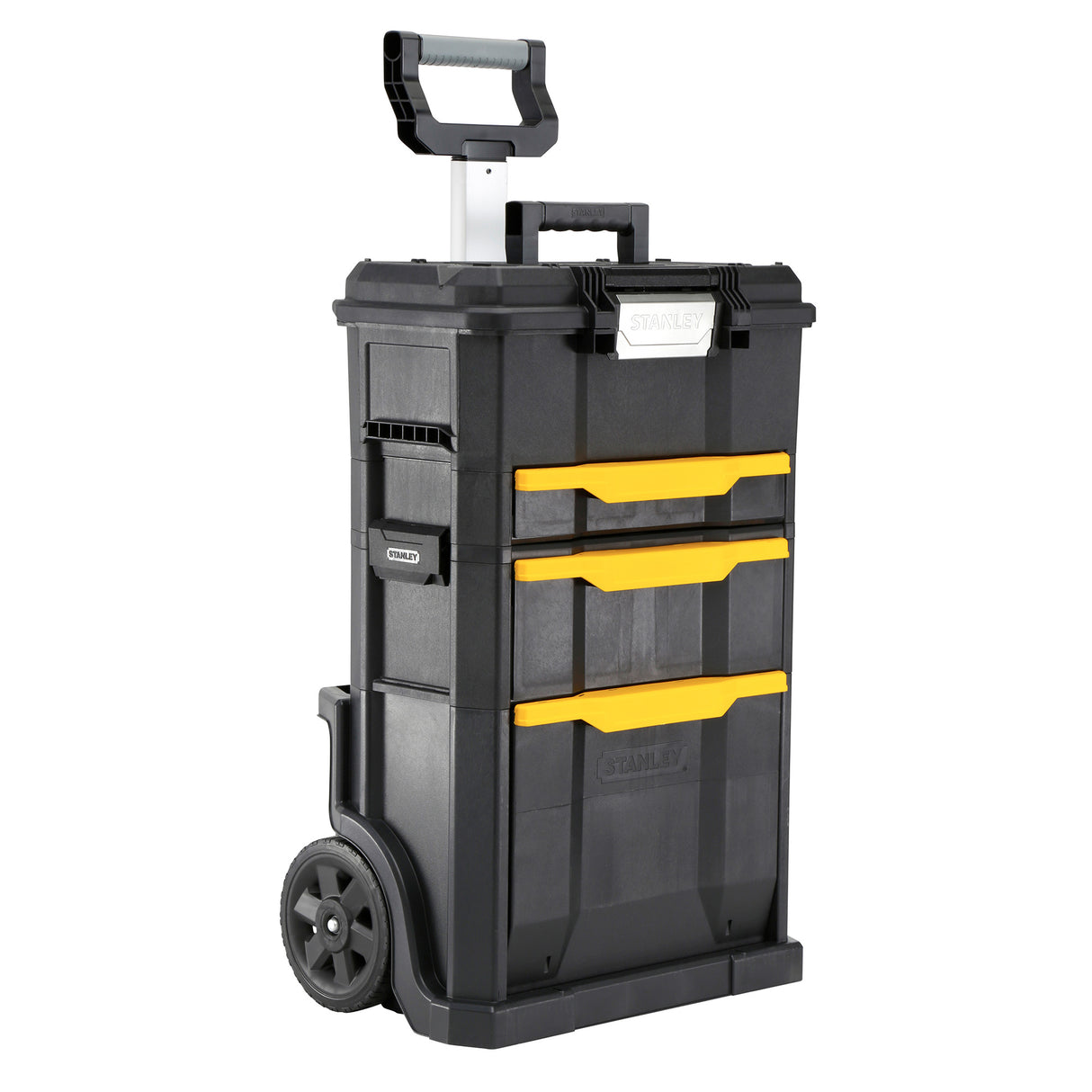 Coffre à outils Stanley noir et jaune, à roulettes, avec poignée télescopique