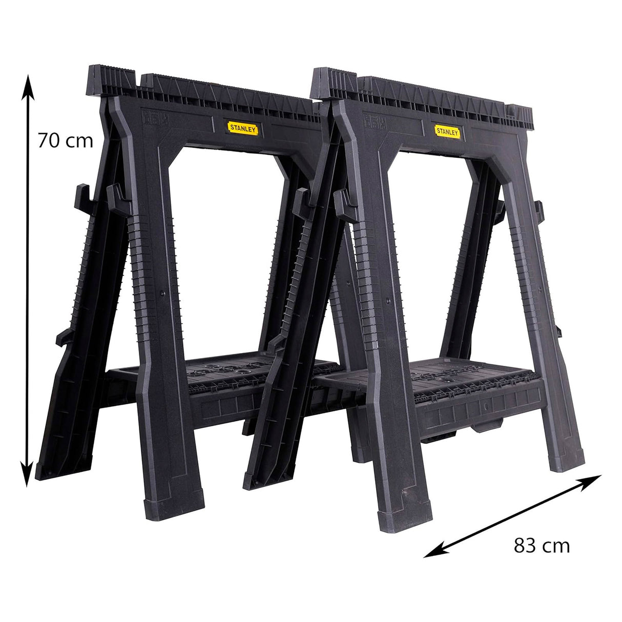 Tréteaux noirs Stanley en plastique, outillage, dimensions 70x83 cm.