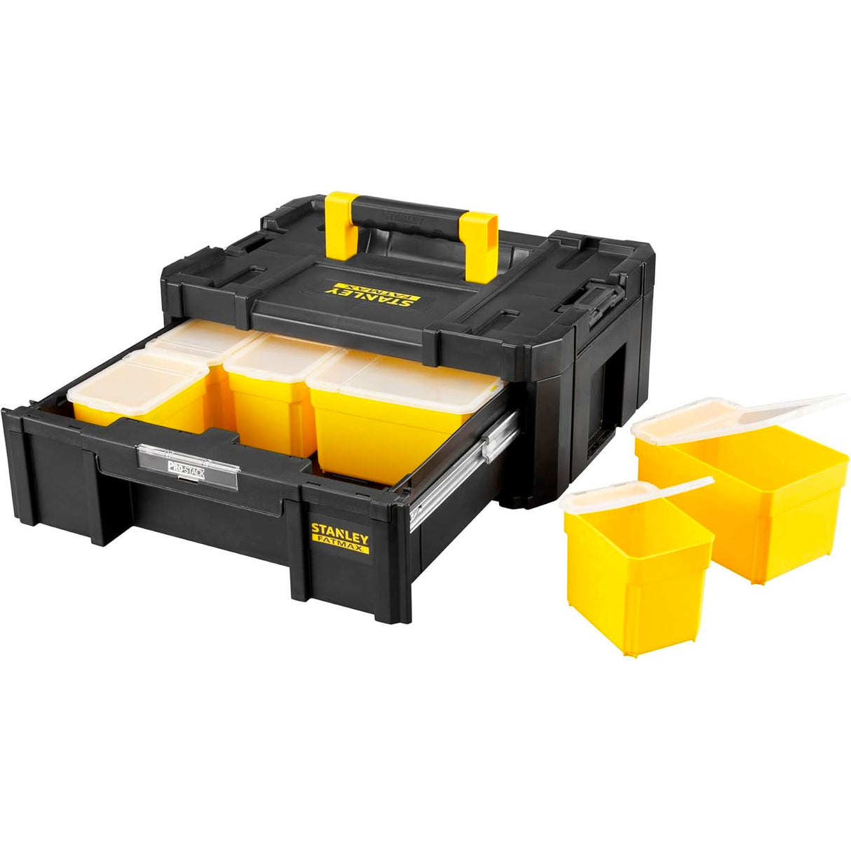 Boîte à outils Stanley Fatmax noire et jaune avec compartiments amovibles jaunes