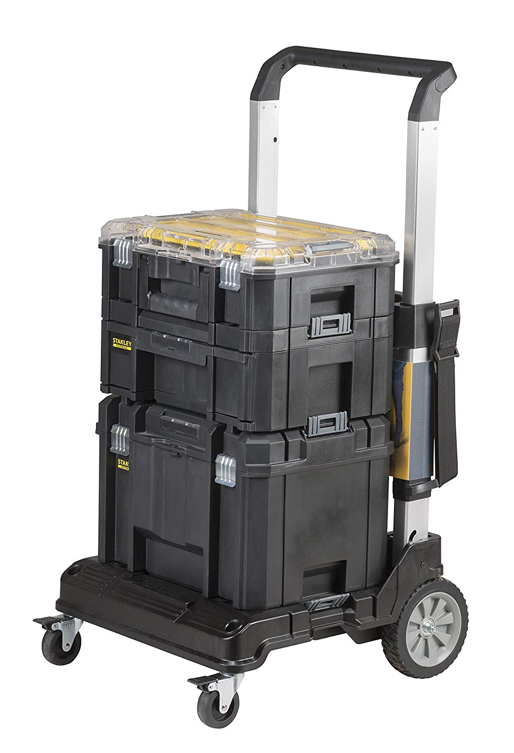 Chariot de rangement Stanley en plastique noir pour outils, couvercle transparent.