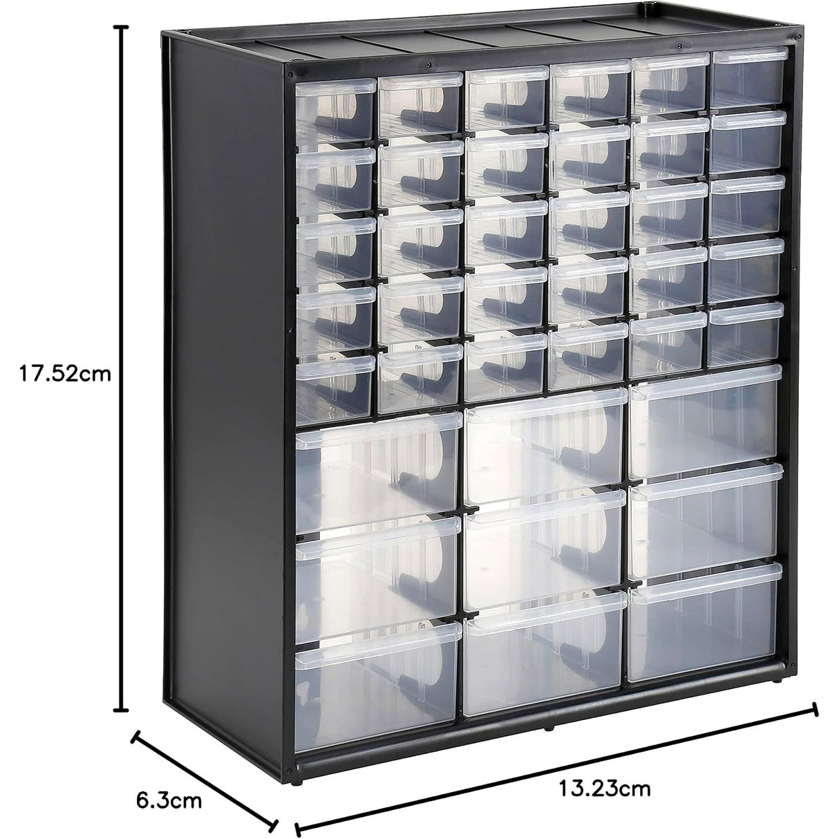 Organisateur Facom, meuble de rangement plastique noir avec tiroirs transparents.