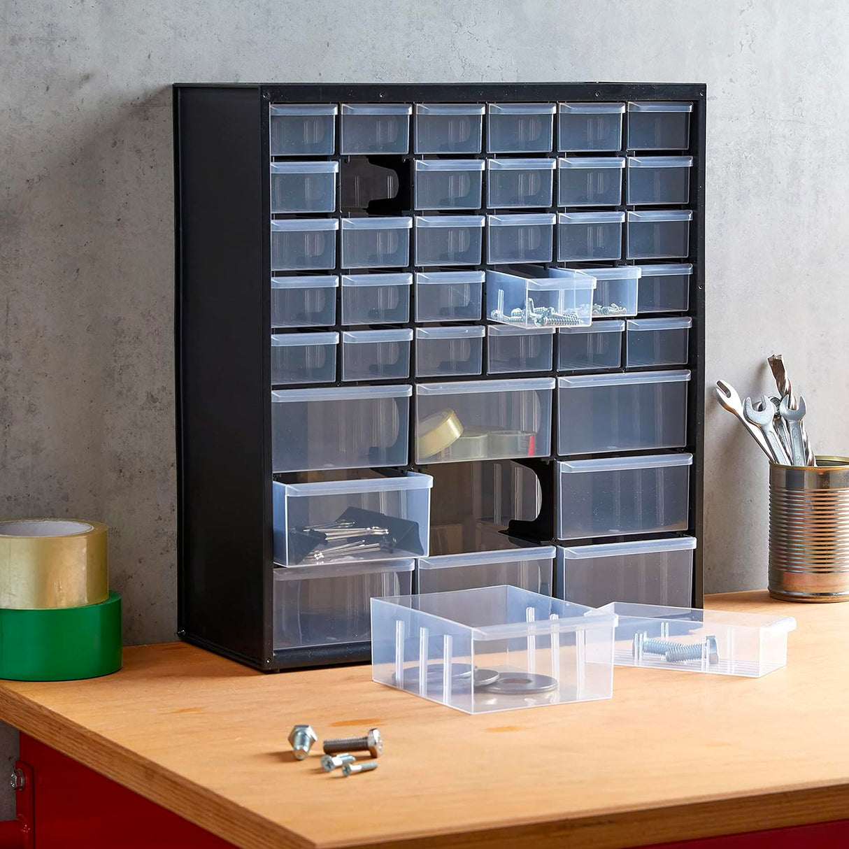 Organisateur à tiroirs plastique noir et transparent, marque Allit, rangement atelier