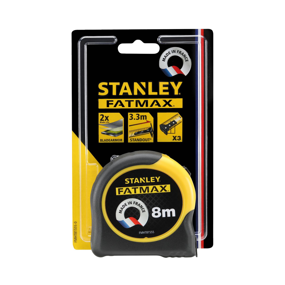 Mètre ruban Stanley Fatmax, outil de mesure jaune et noir, longueur 8m, fabriqué en France.