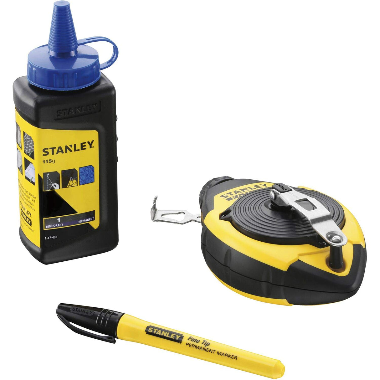 Kit traçage Stanley, cordeau traceur jaune et noir avec flacon poudre et marqueur, outil de mesure