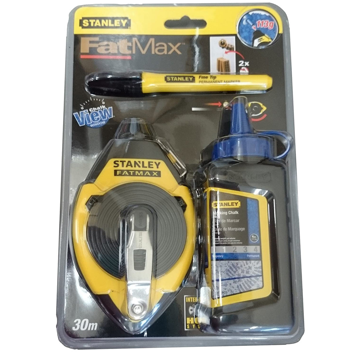 Kit Stanley FatMax cordeau à tracer jaune et noir avec flacon de poudre et marqueur noir