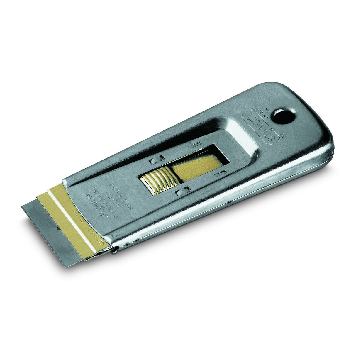 Grattoir Stanley en métal argenté, outil de nettoyage avec lame rétractable, couleur argent.