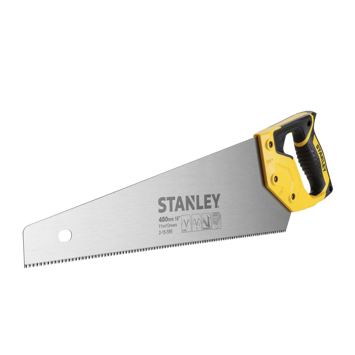 Scie à main Stanley, outil de découpe, manche jaune et noir, lame grise