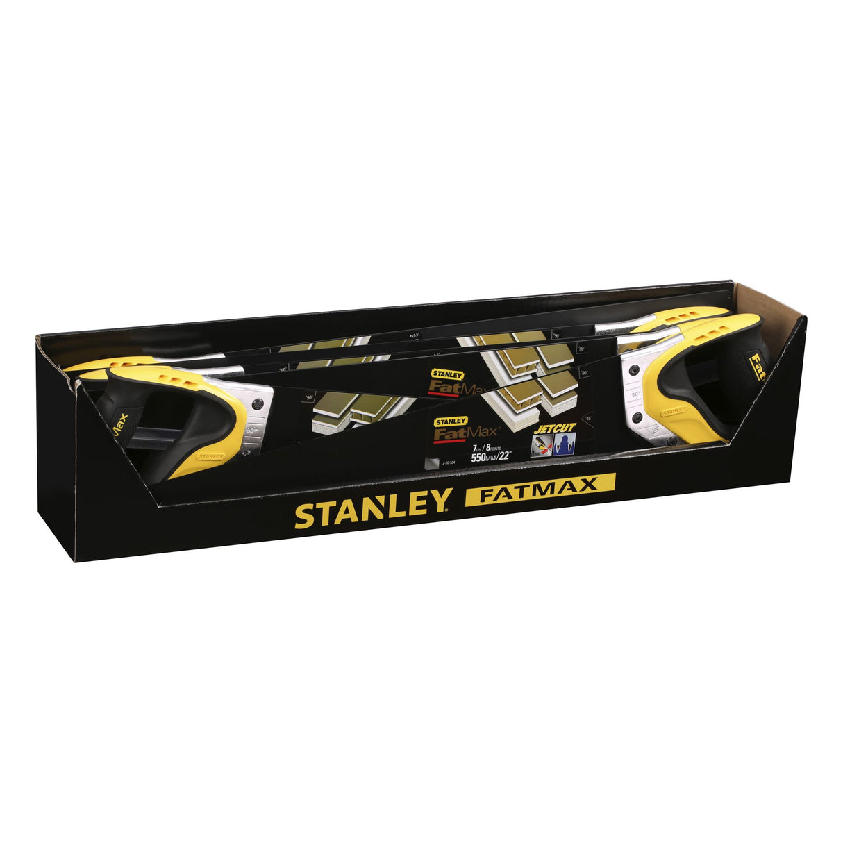 Scie Stanley FatMax à main, couleur noire et jaune, présentée en boîte.