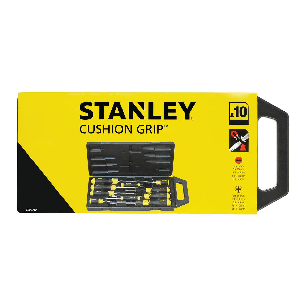 Coffret tournevis Stanley Cushion Grip, outillage jaune et noir, 10 pièces.
