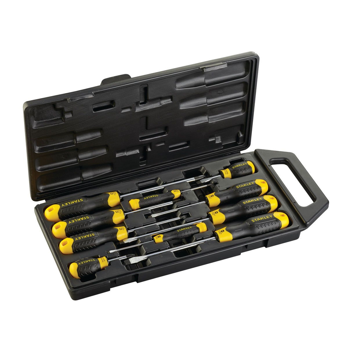 Coffret de tournevis Stanley, outils à poignées noires et jaunes, marque visible
