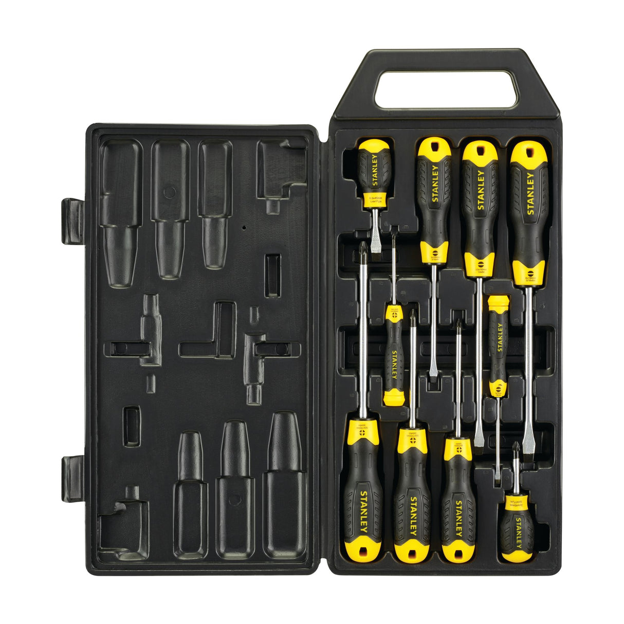 Set de tournevis Stanley, jaune et noir, dans une mallette de rangement.