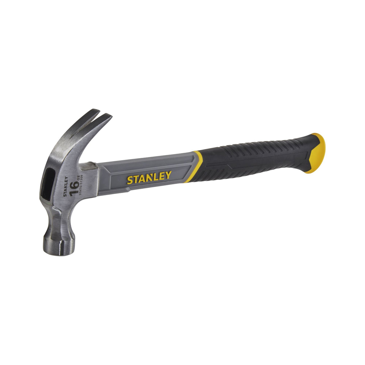 Marteau Stanley gris et jaune, outil de bricolage, poignée ergonomique.