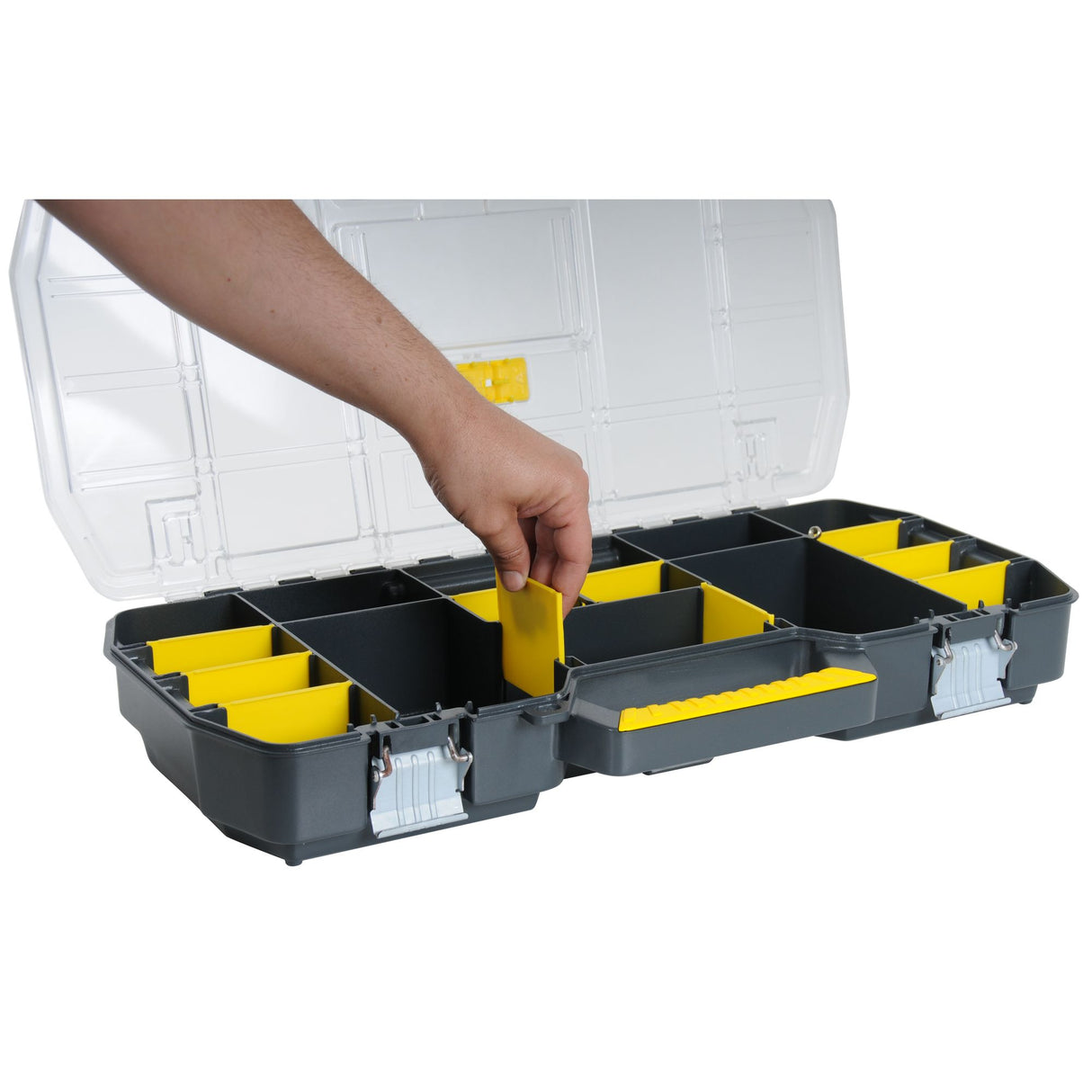 Mallette de rangement Stanley, gris et jaune, avec compartiments modulables.