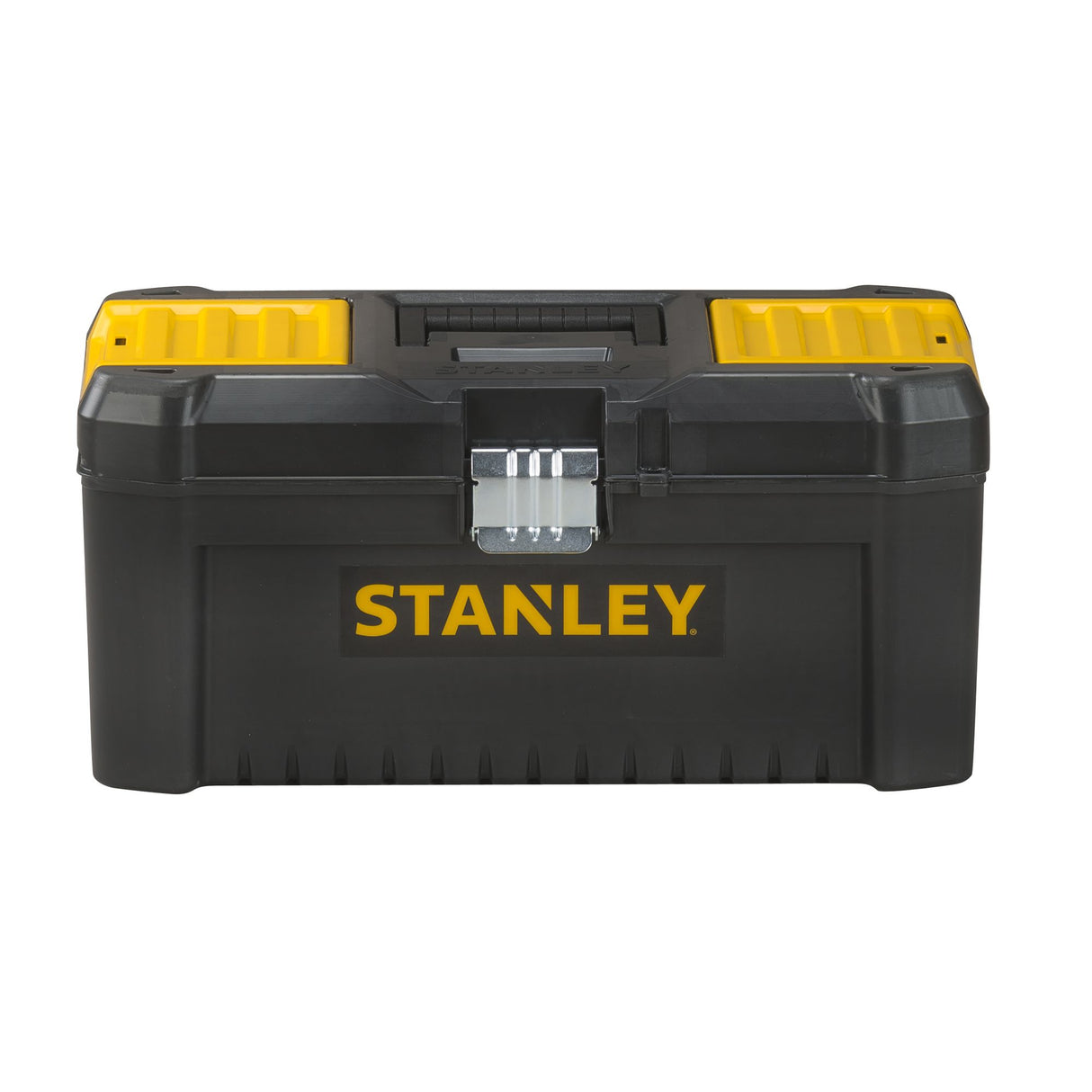 Boîte à outils Stanley noire et jaune, marque visible, rangement outillage, plastique résistant.