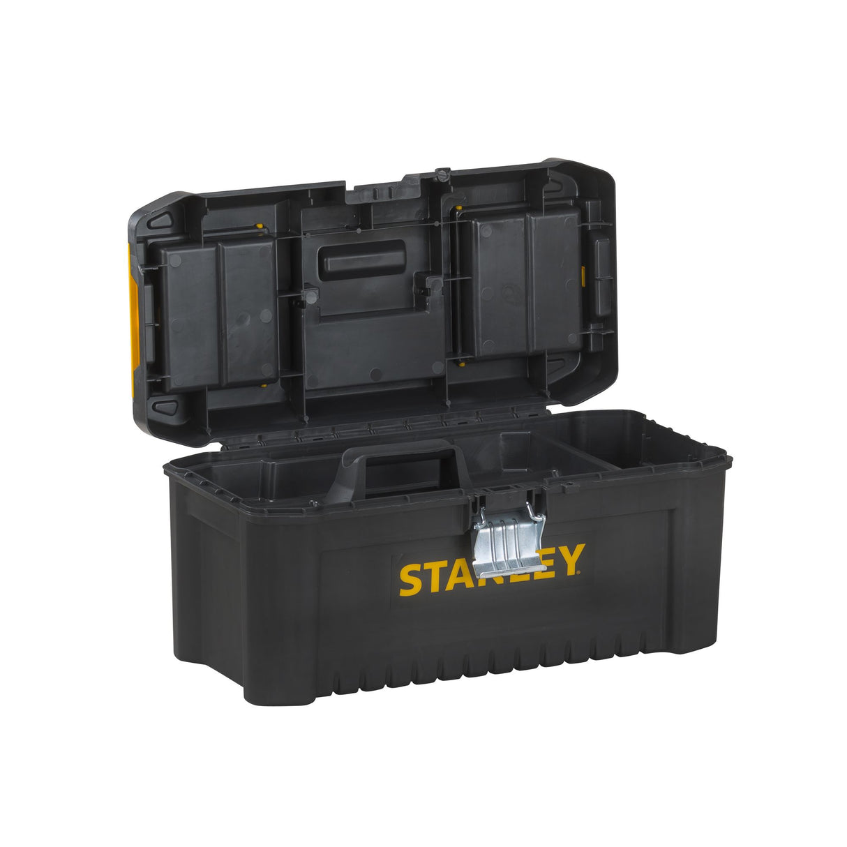 Boîte à outils Stanley noire, ouverte, avec compartiments de rangement, logo jaune visible.