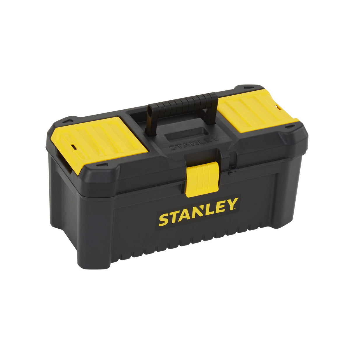 Boîte à outils Stanley noire et jaune, type caisse à outils, avec poignée.