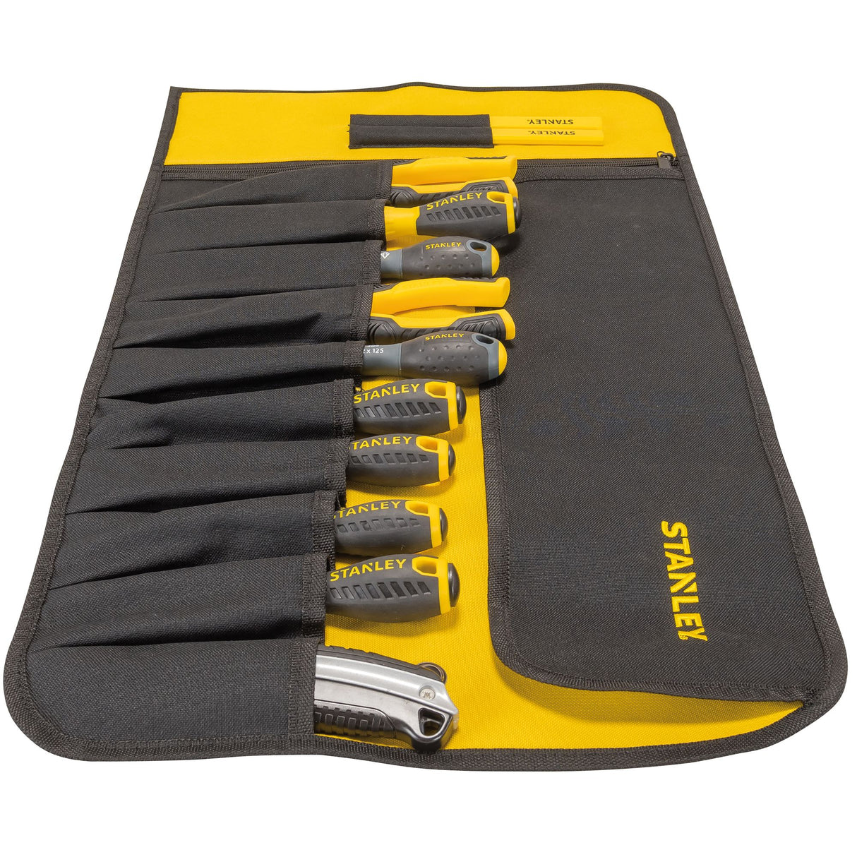 Set de tournevis Stanley jaune et noir, outils à manche ergonomique dans une pochette noire.