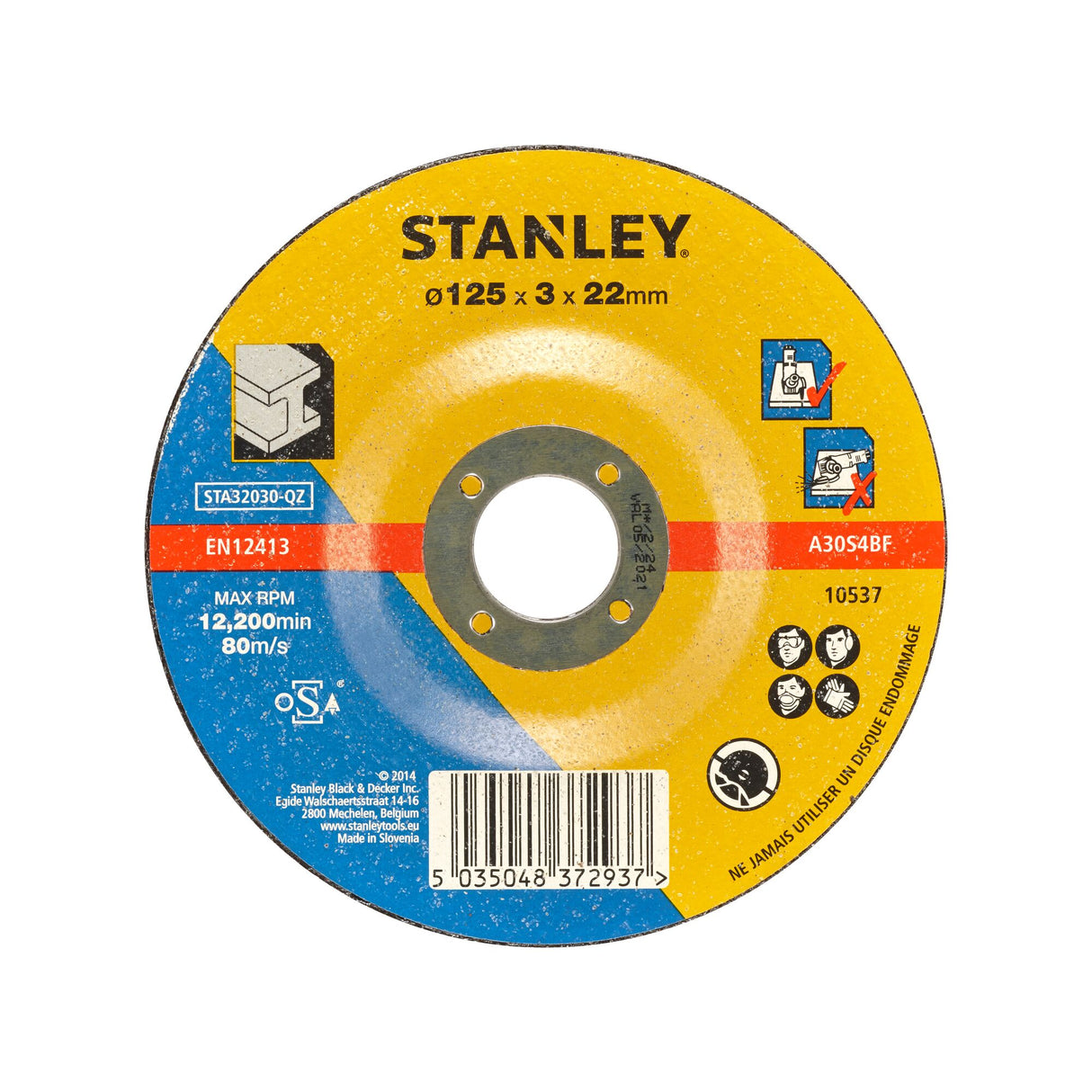 Disque à découper Stanley, abrasif, couleur jaune et bleu, diamètre 125 mm.