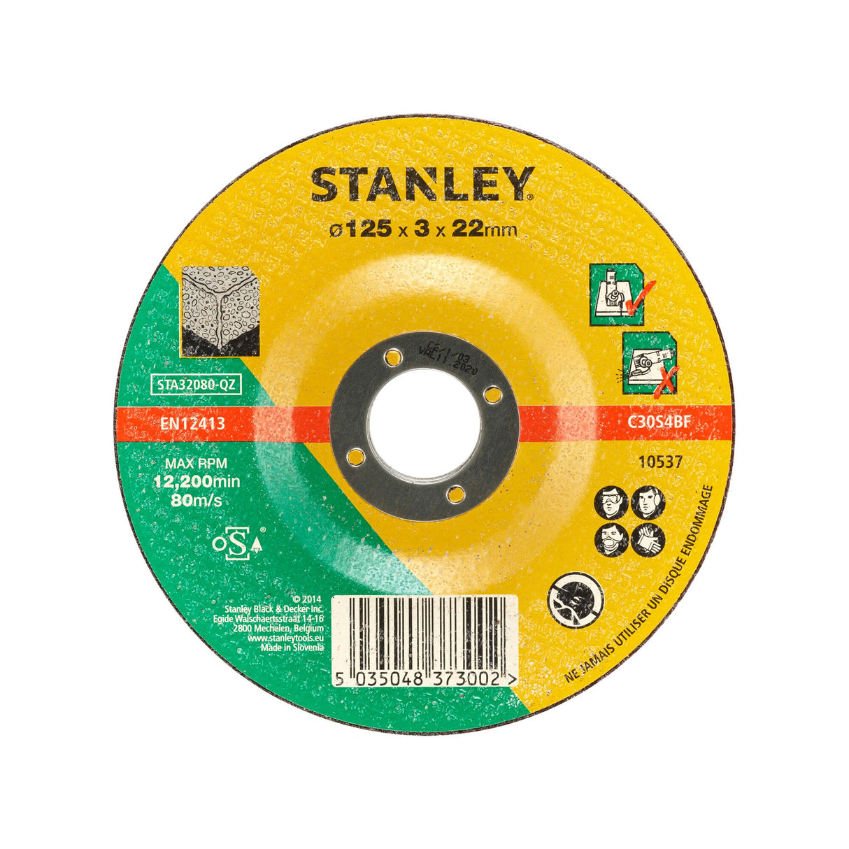 Disque à tronçonner Stanley, outil meulage, couleur jaune et verte