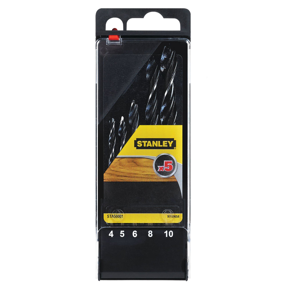 Set de forets noirs Stanley pour bois, 5 pièces, emballage noir et jaune.