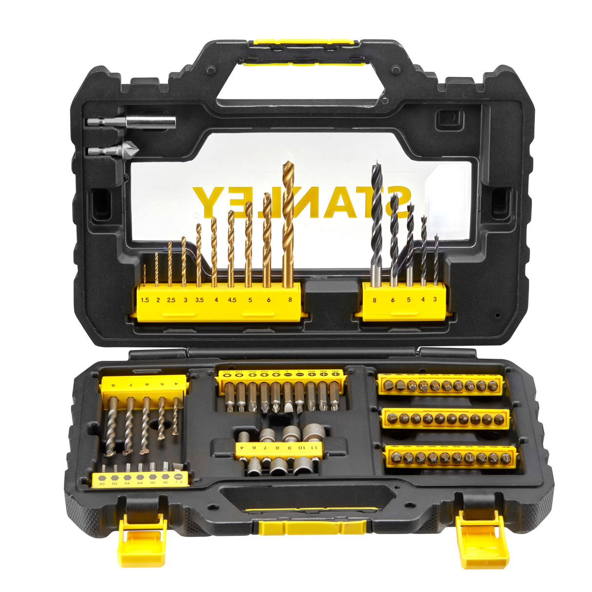 Coffret mèches et embouts STANLEY, outillage jaune et noir, pour perçage et vissage