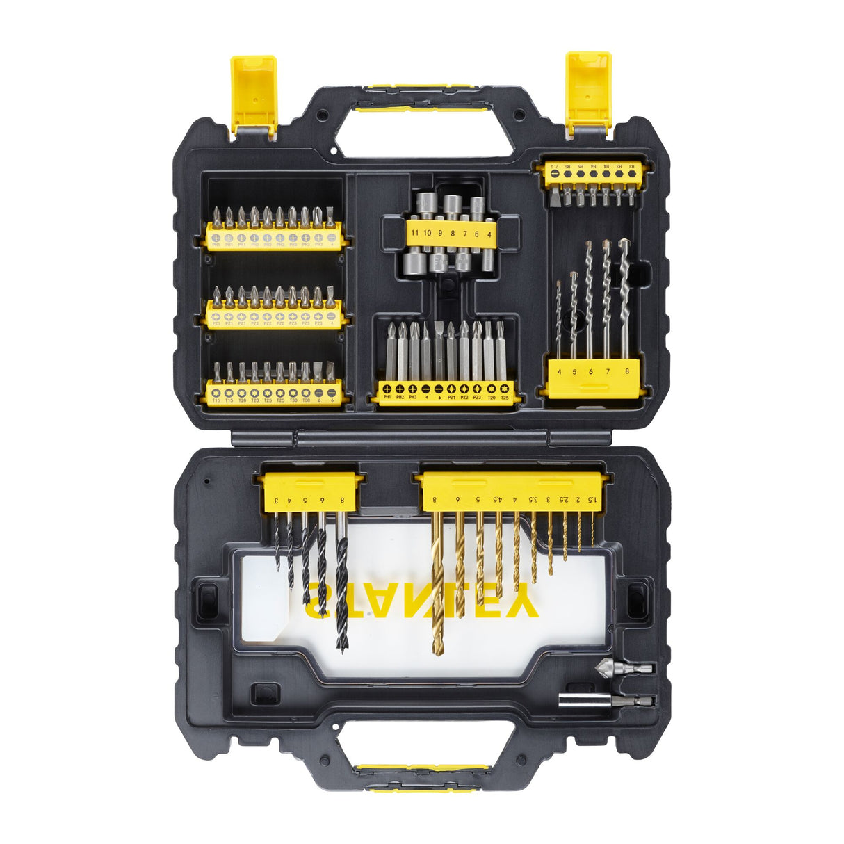 Coffret d'embouts et forets jaune et noir de la marque Stanley, outillage polyvalent.