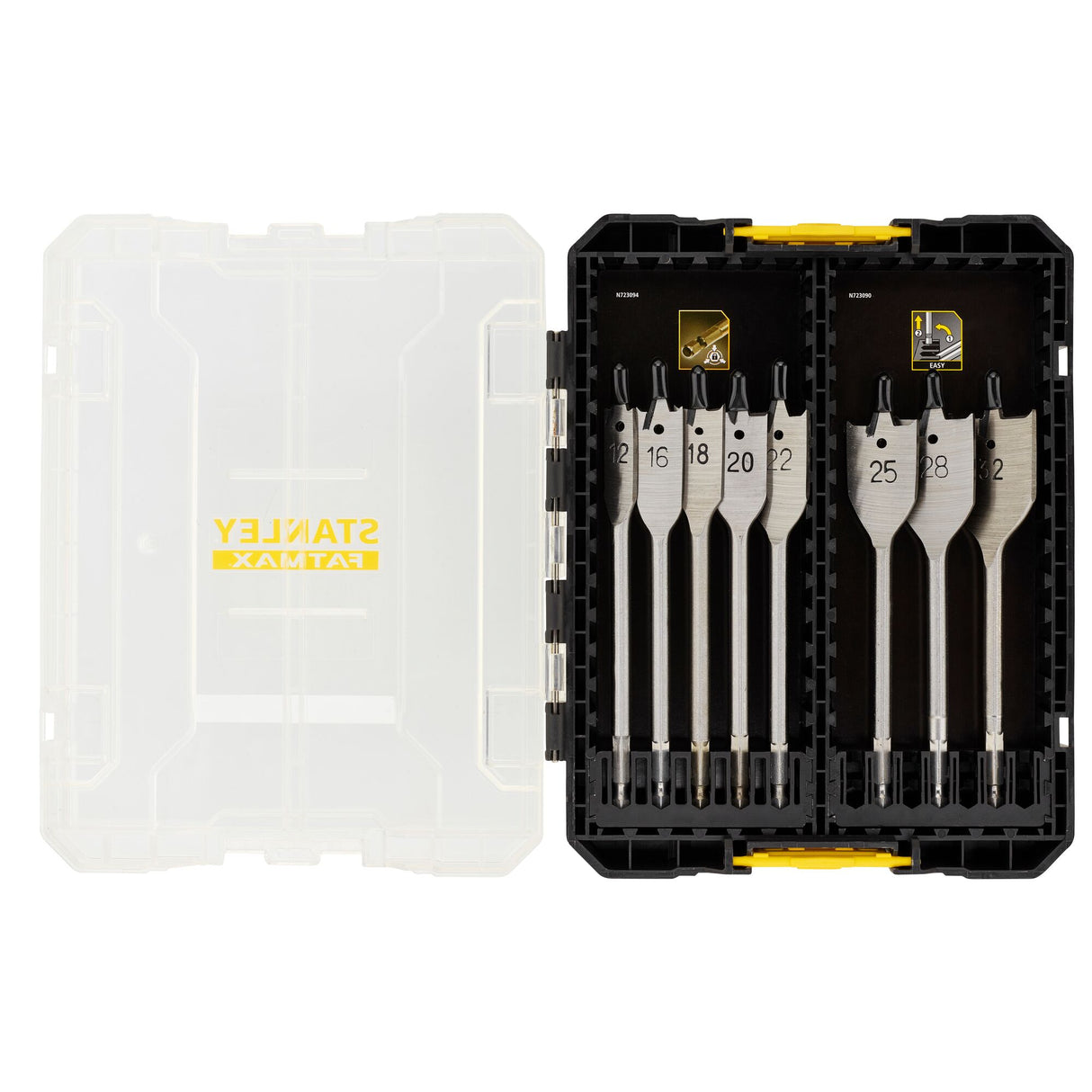 Coffret noir Stanley de forets plats couleur argent, outil pour le bois.