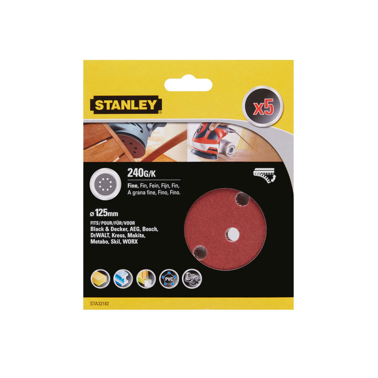 Disque abrasif Stanley, abrasif, couleur rouge, 125mm, grain 240, lot de 5