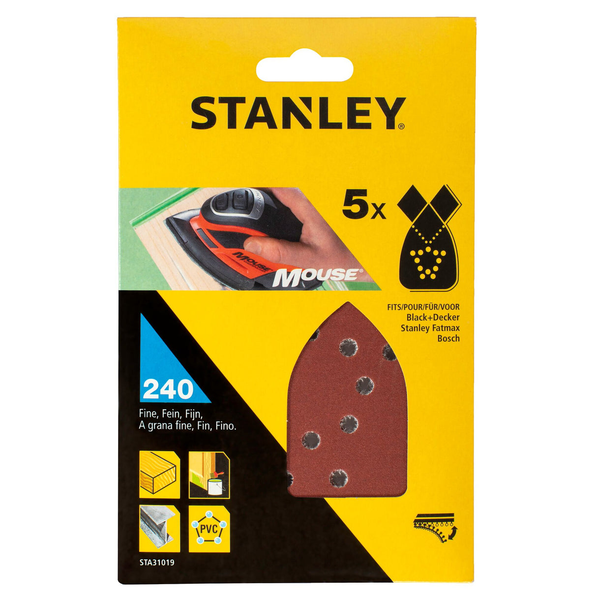 Abrasif de ponçage Stanley, grain 240, couleur marron, pour ponceuse triangulaire.