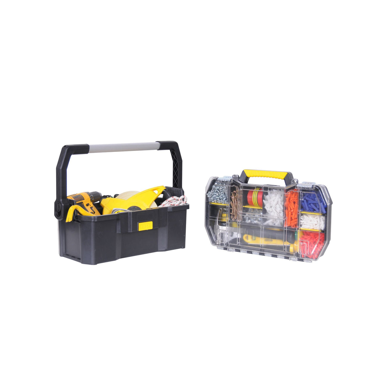 Mallette à outils Stanley noire et jaune avec boîte de rangement transparente, assortiment d’outils et accessoires.