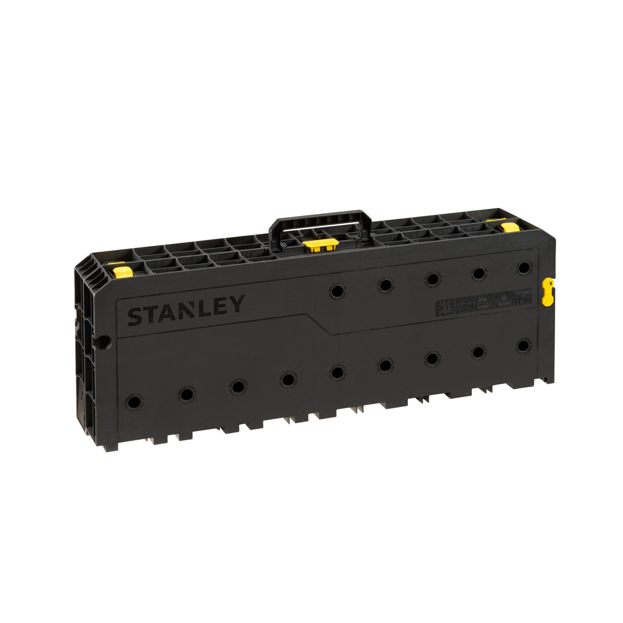 Boîte à outils Stanley noire, type mallette rigide avec poignées et fermetures jaunes