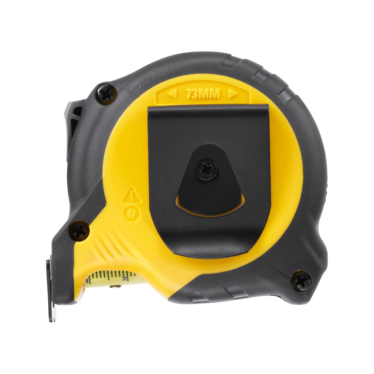 Mètre ruban Stanley, outil de mesure jaune et noir, clip ceinture visible.
