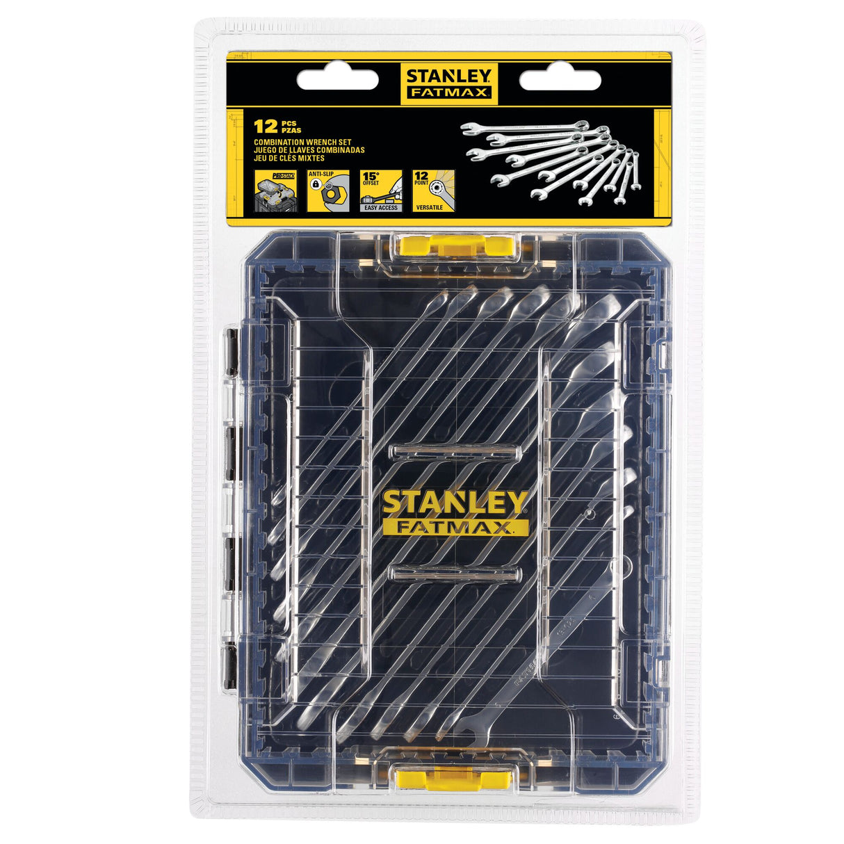 Coffret de clés mixtes Stanley Fatmax, argenté, 12 pièces, dans un étui plastique transparent.