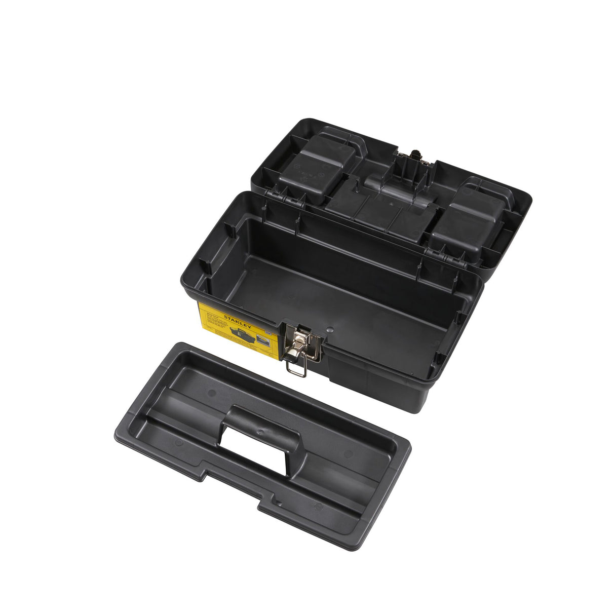 Boîte à outils noire Stanley en plastique avec plateau amovible, outillage