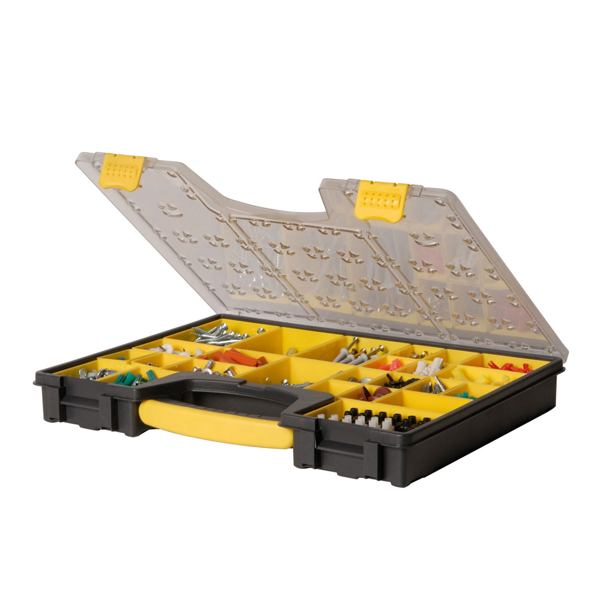 Organiseur Stanley, boîte de rangement noire et jaune, couvercle transparent