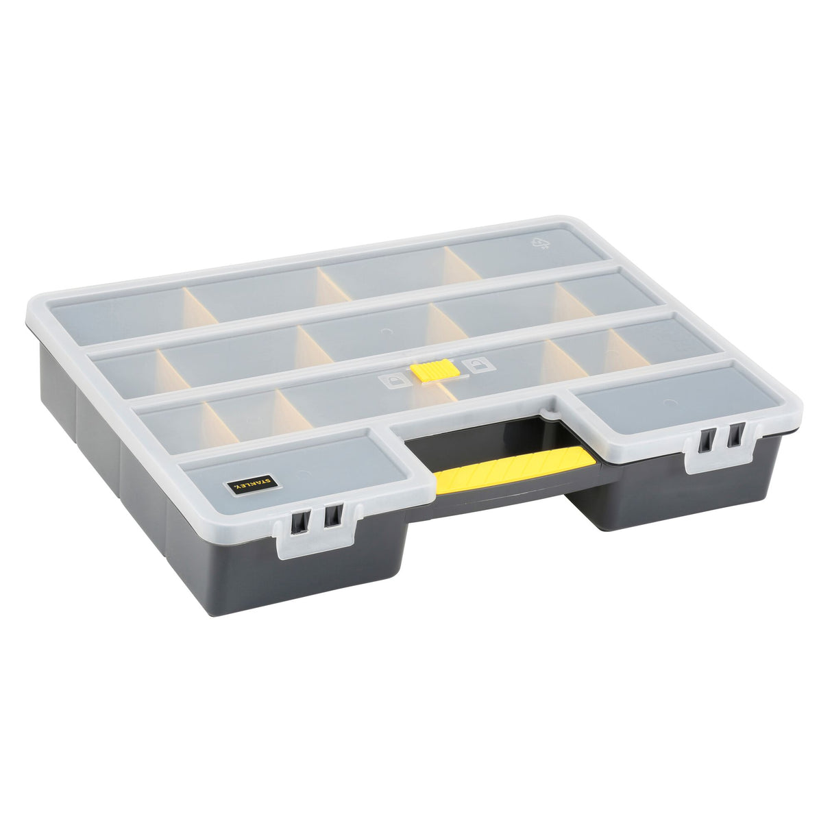 Boîte de rangement STANLEY, organiseur outillage, gris et jaune, couvercle transparent