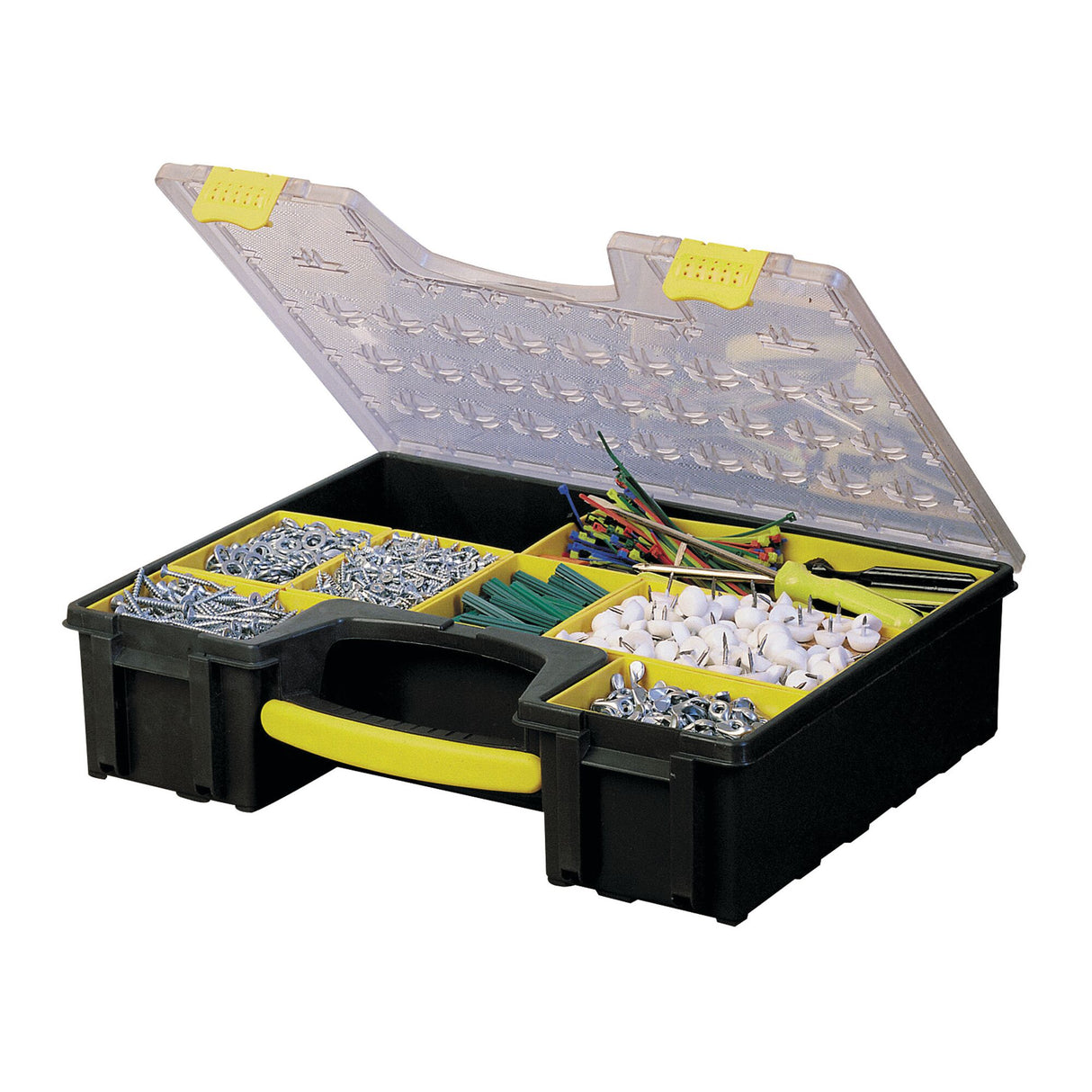 Boîte de rangement Facom, noire et jaune, type organiseur, couvercle transparent