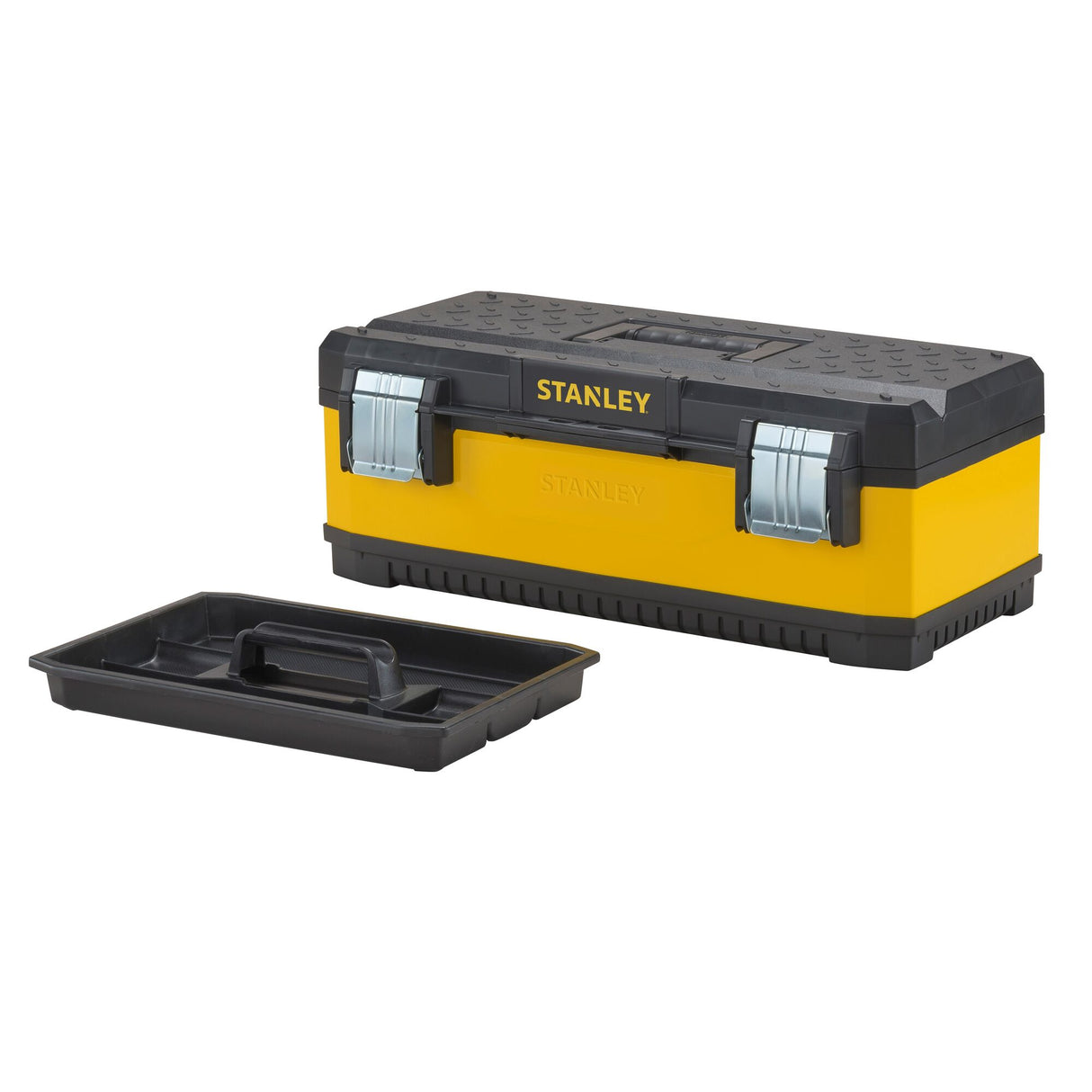 Boîte à outils Stanley, type mallette, couleur jaune et noire, avec plateau intérieur.