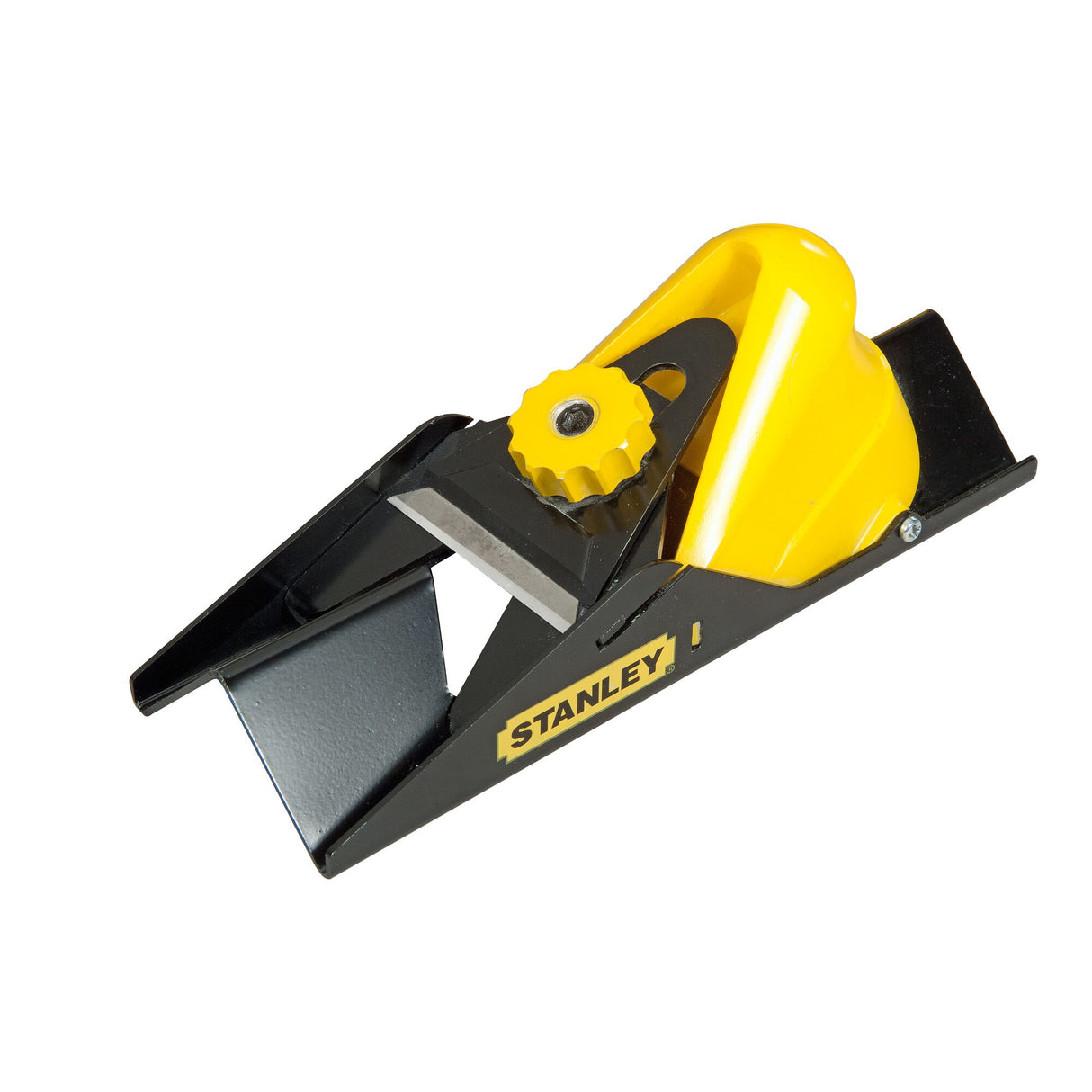 Rabot Stanley à main, couleur jaune et noir, outil de menuiserie visible en métal.