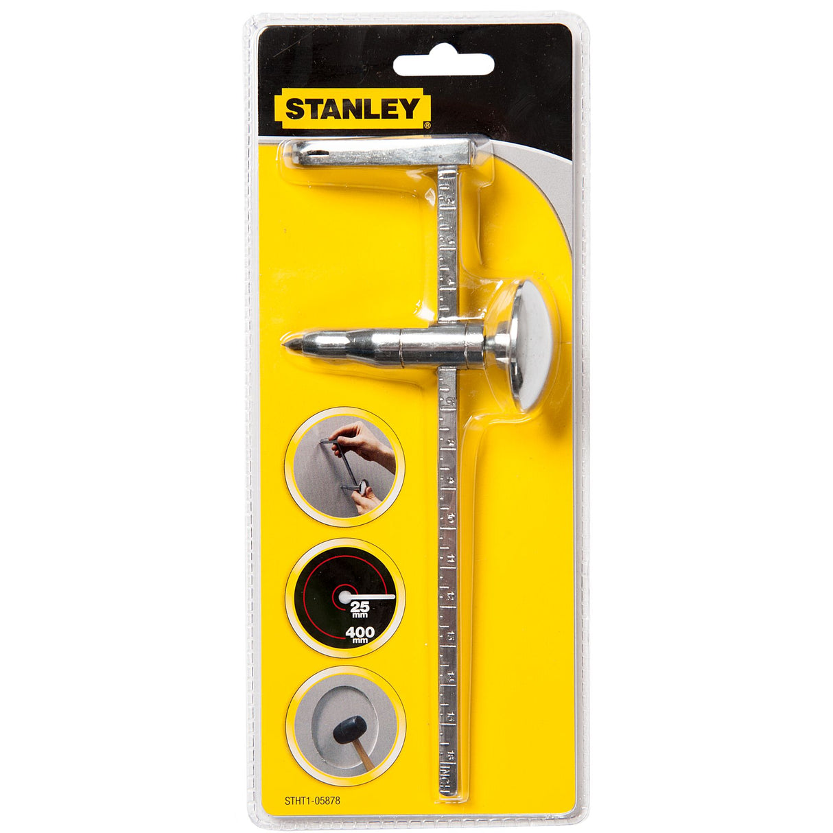 Compas Stanley, outil de traçage argenté, en métal, sur emballage jaune.