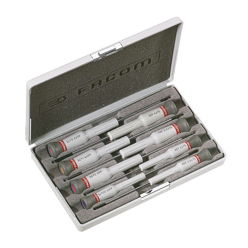 Coffret de tournevis de précision Facom, outillage gris, pour travaux minutieux.