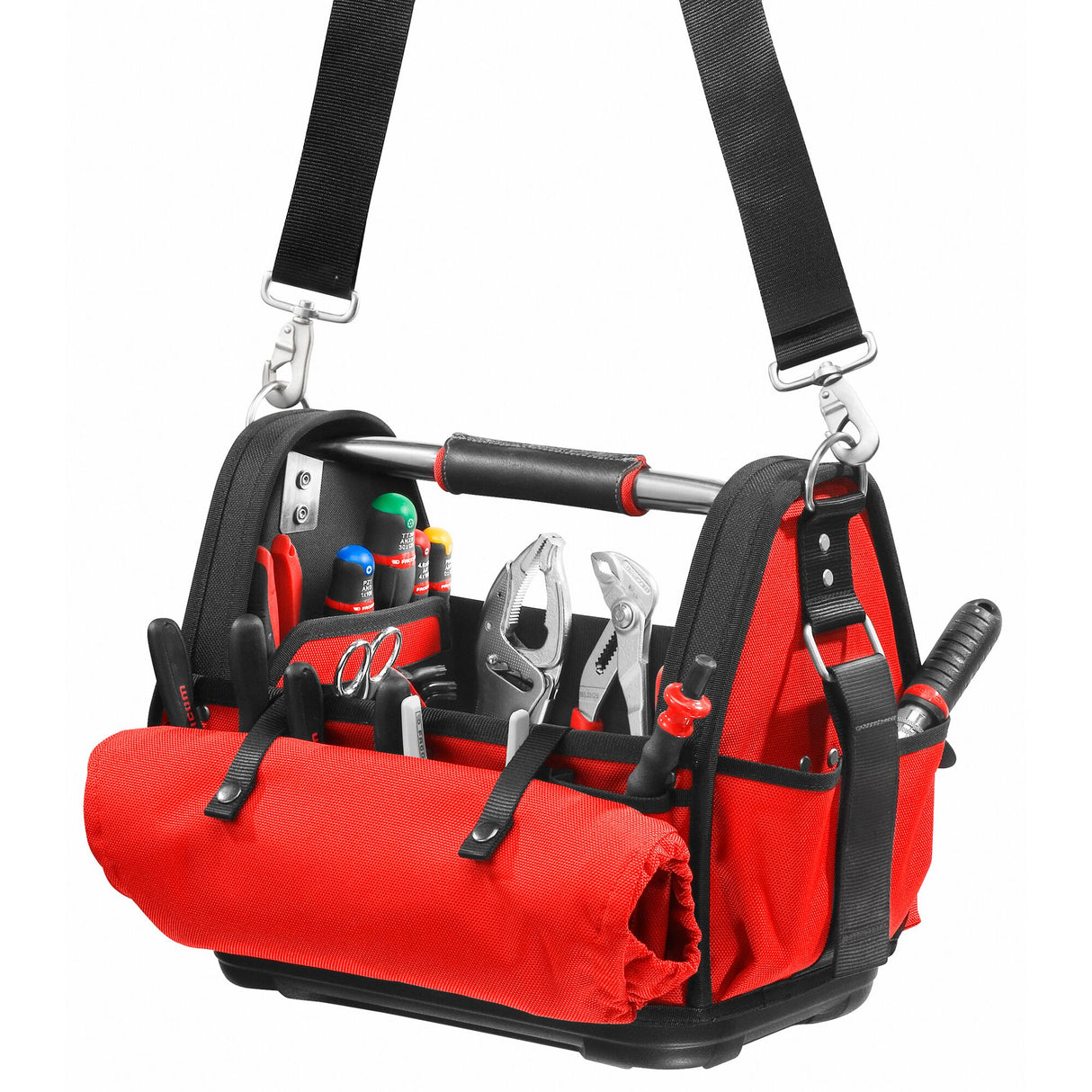 Mallette à outils Facom, sacoche de couleur rouge et noire, remplie d’outils manuels.