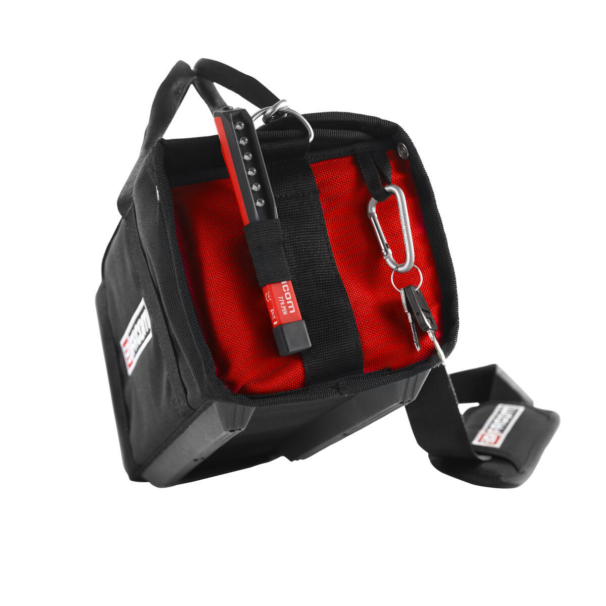 Sac à outils Facom noir et rouge avec bandoulière, marque Facom, type sacoche à outils, couleur noir et rouge.