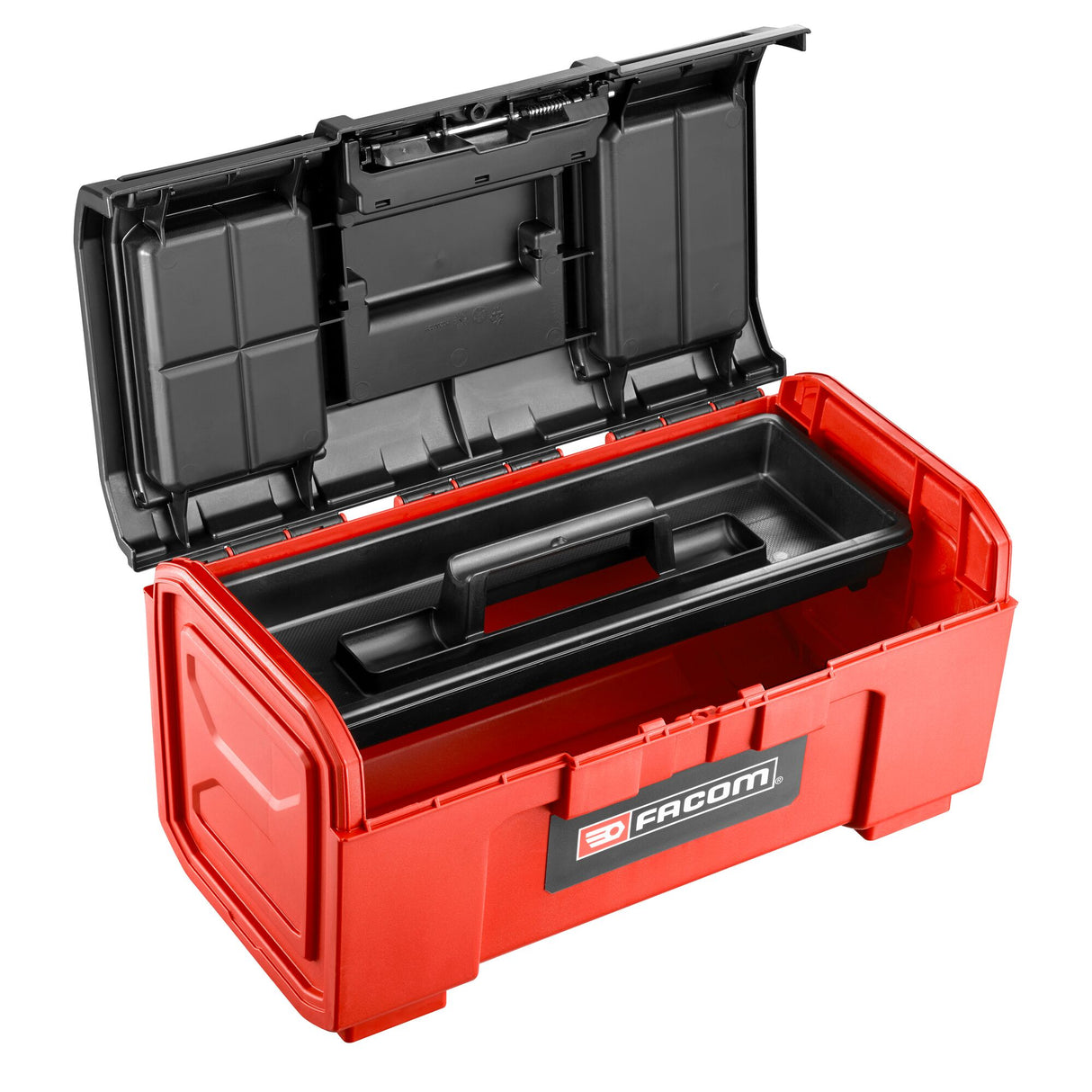 Boîte à outils Facom rouge ouverte avec plateau intérieur noir, marque Facom visible